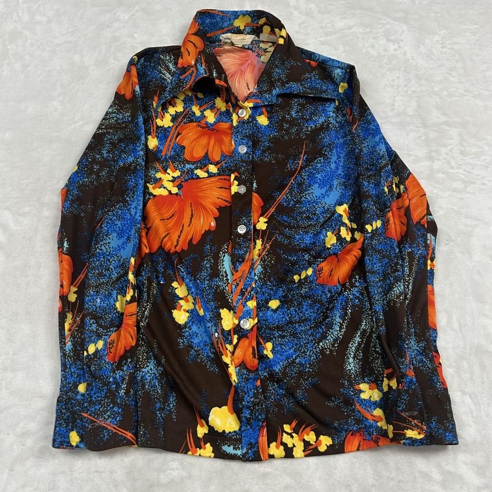 Vintage Import Button Up Shirt Mens XL Blue Orange Floral Disco 70s Psychedelic